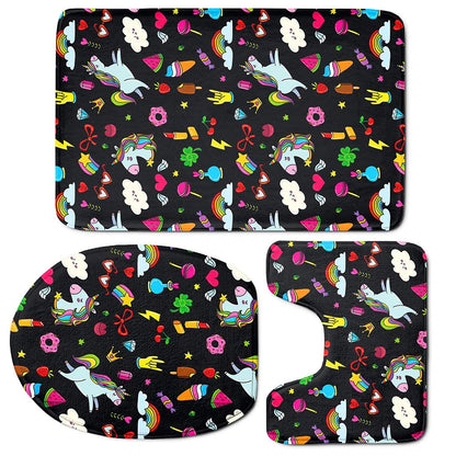Black Girly Unicorn Pattern Print 3 Piece Bath Mat Set