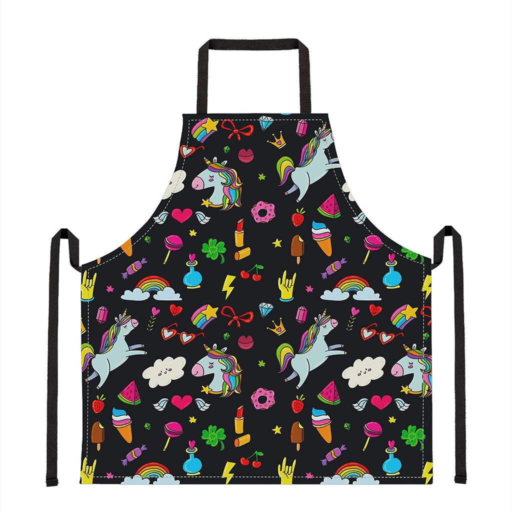 Black Girly Unicorn Pattern Print Apron