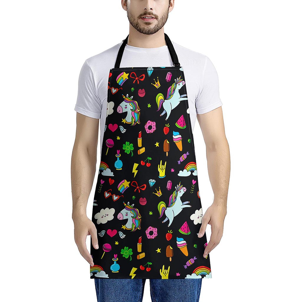 Black Girly Unicorn Pattern Print Apron