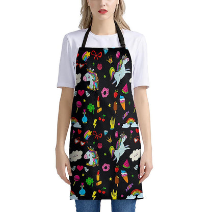 Black Girly Unicorn Pattern Print Apron