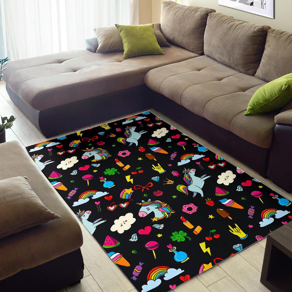 Black Girly Unicorn Pattern Print Area Rug GearFrost