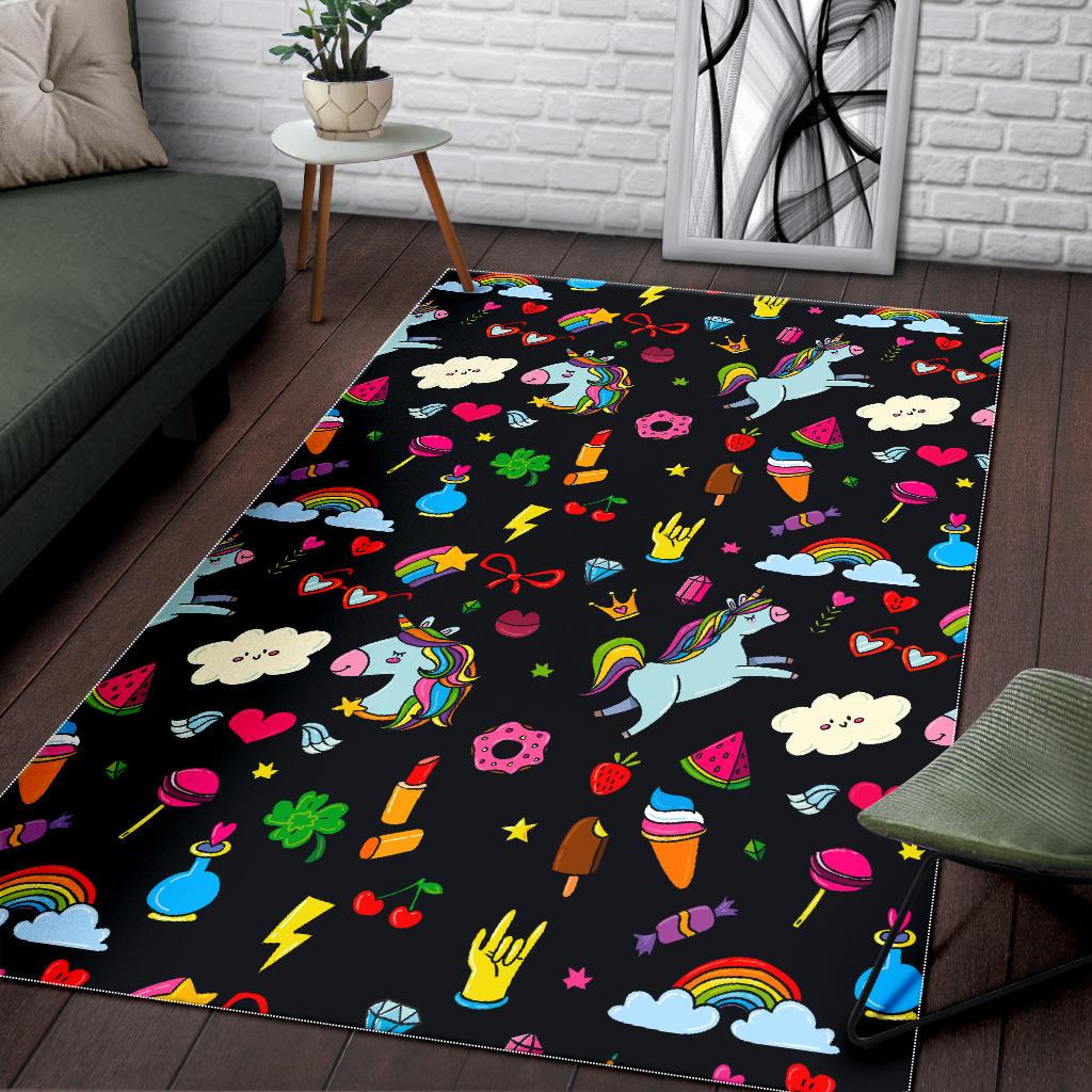 Black Girly Unicorn Pattern Print Area Rug GearFrost