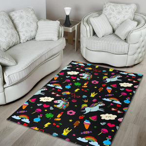 Black Girly Unicorn Pattern Print Area Rug GearFrost