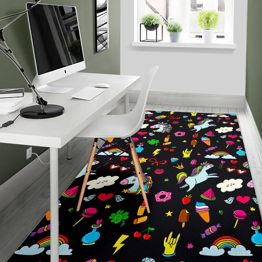 Black Girly Unicorn Pattern Print Area Rug GearFrost