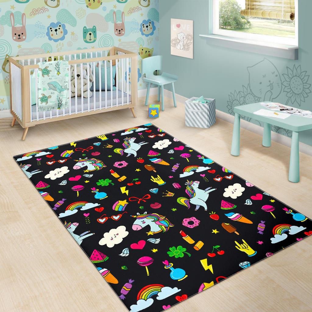 Black Girly Unicorn Pattern Print Area Rug GearFrost