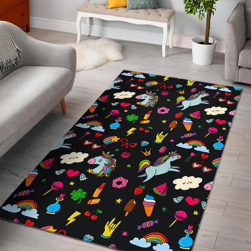 Black Girly Unicorn Pattern Print Area Rug GearFrost