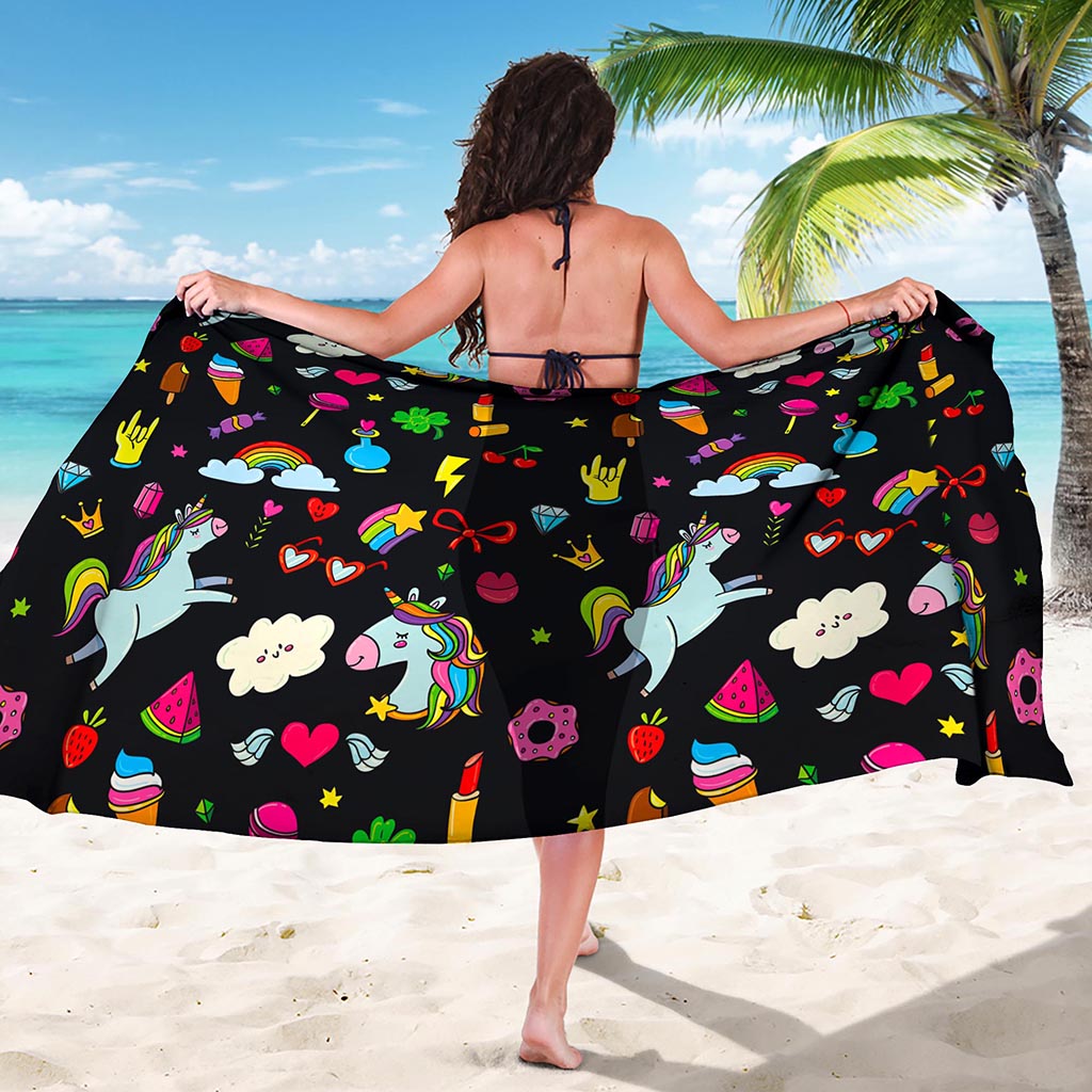 Black Girly Unicorn Pattern Print Beach Sarong Wrap