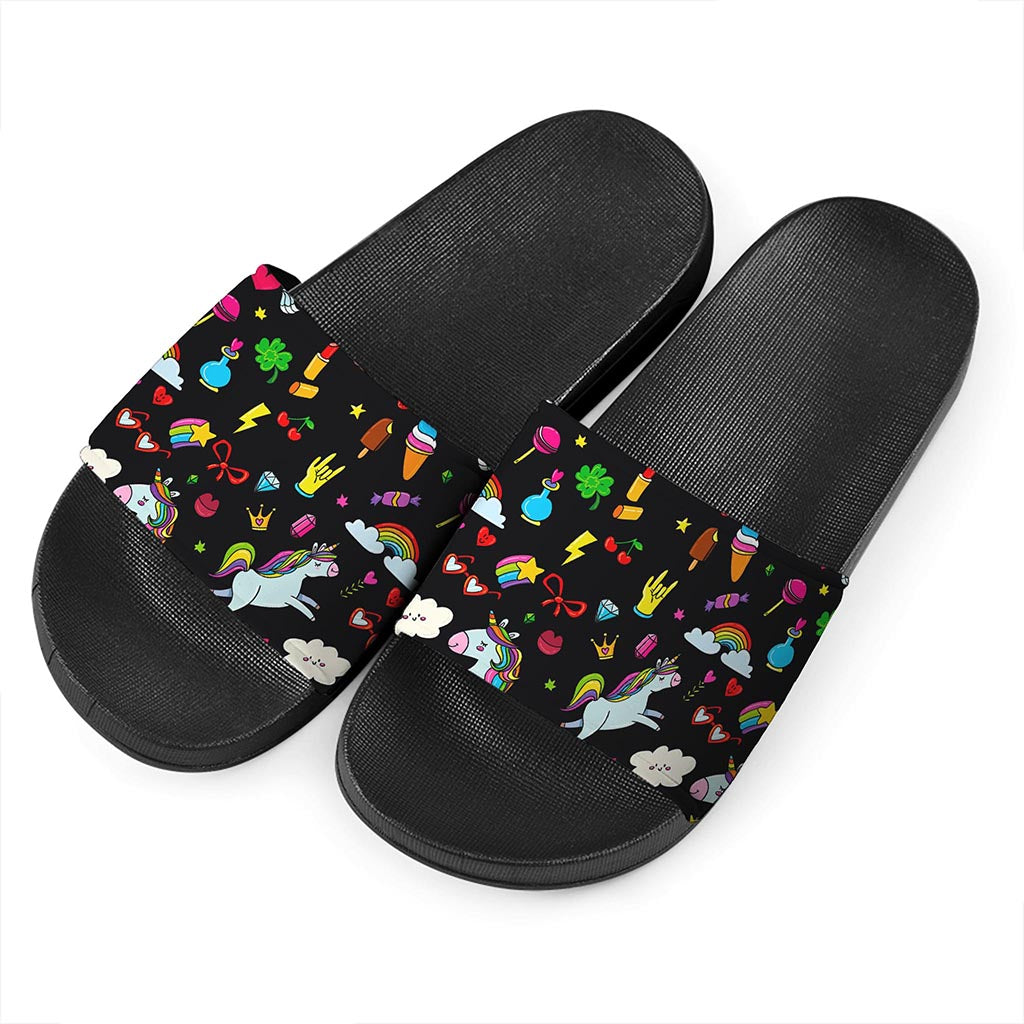 Black Girly Unicorn Pattern Print Black Slide Sandals