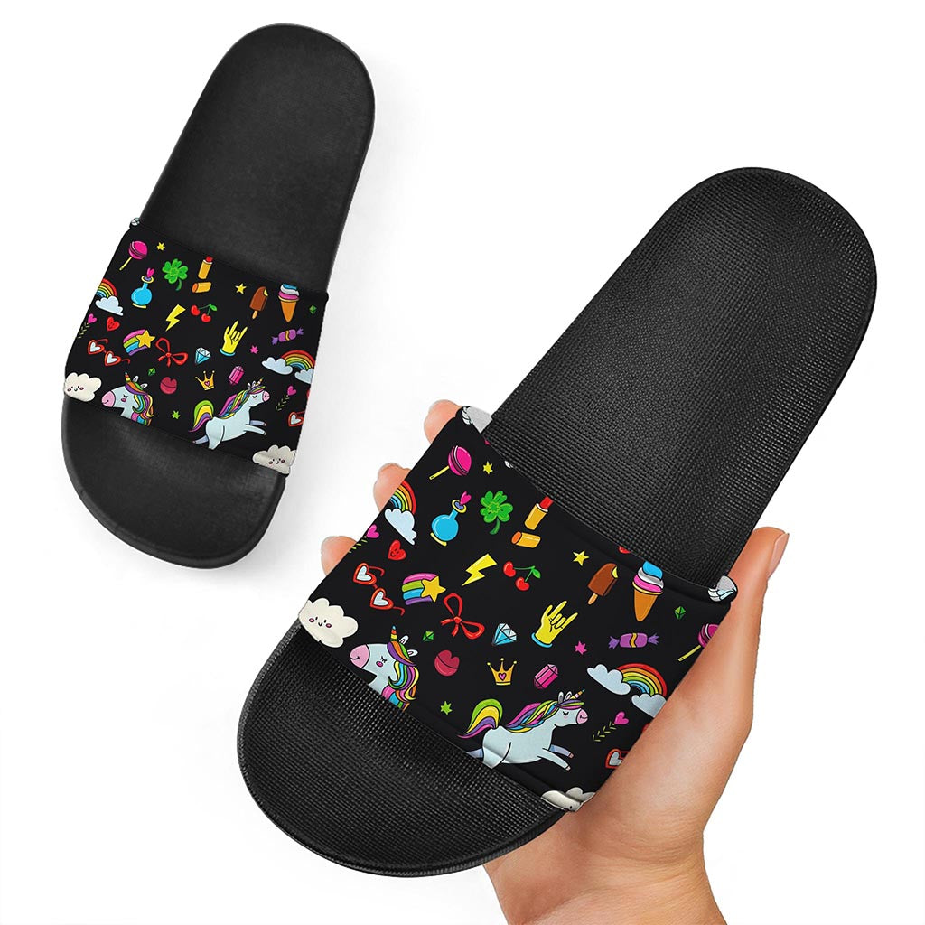 Black Girly Unicorn Pattern Print Black Slide Sandals