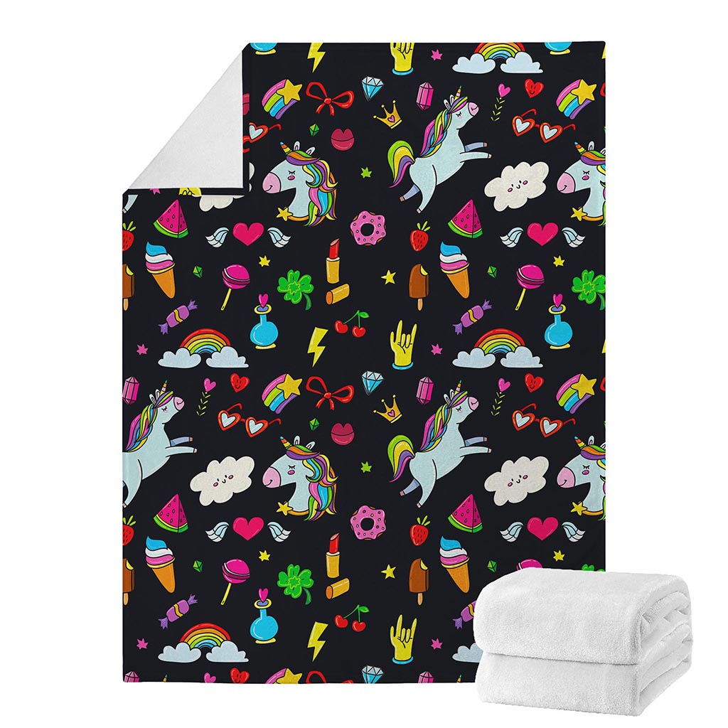 Black Girly Unicorn Pattern Print Blanket