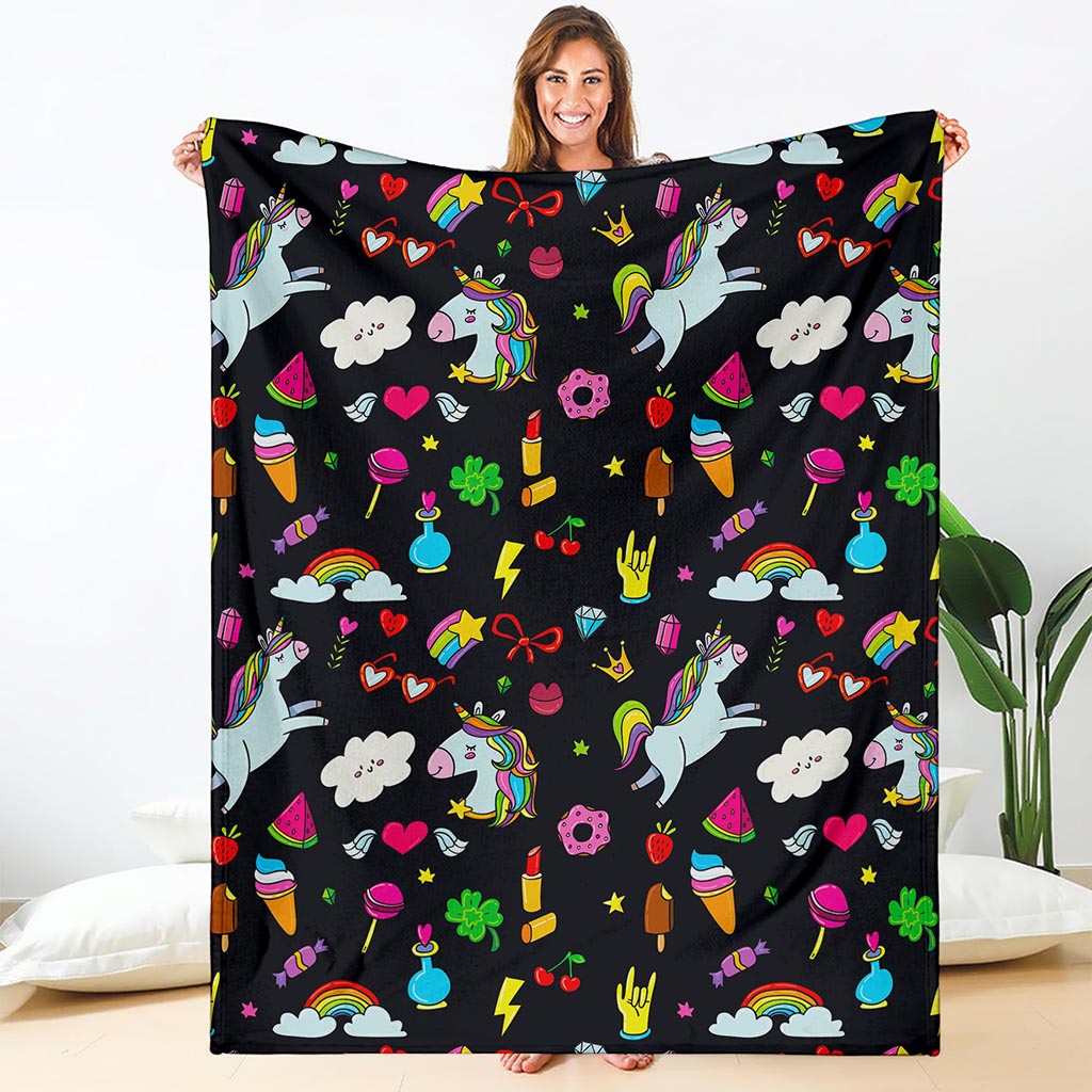 Black Girly Unicorn Pattern Print Blanket
