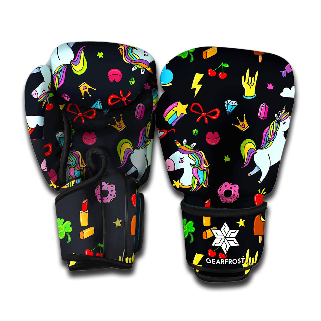 Black Girly Unicorn Pattern Print Boxing Gloves