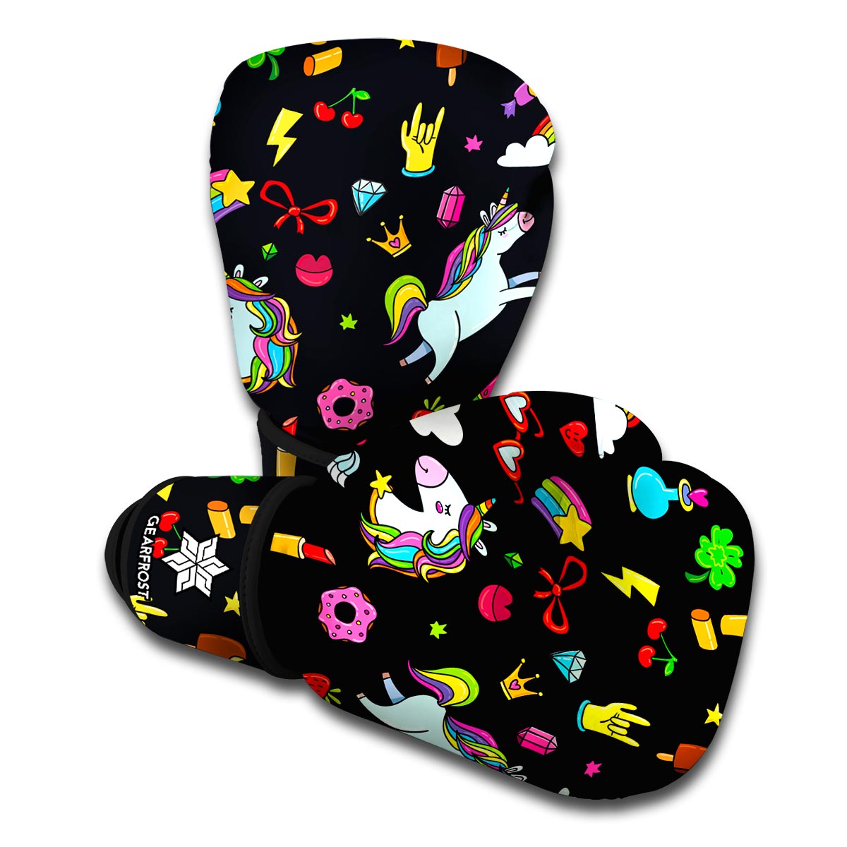 Black Girly Unicorn Pattern Print Boxing Gloves