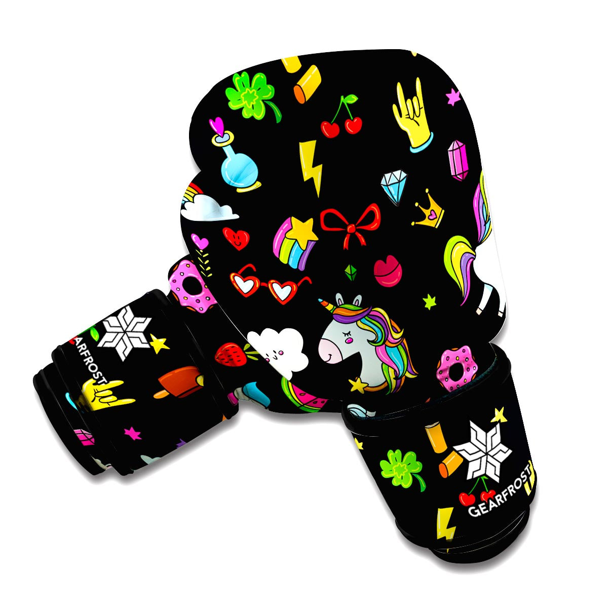 Black Girly Unicorn Pattern Print Boxing Gloves