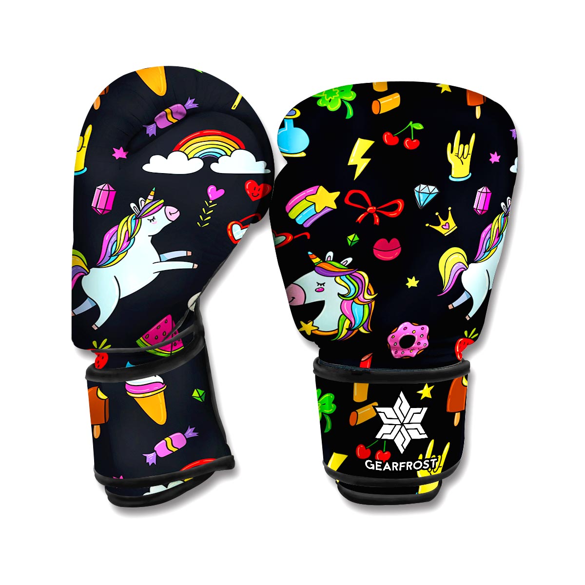 Black Girly Unicorn Pattern Print Boxing Gloves