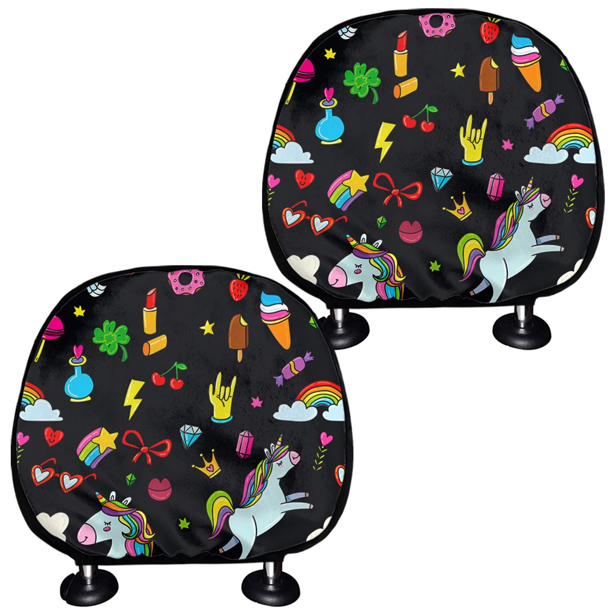 Black Girly Unicorn Pattern Print Car Headrest Covers