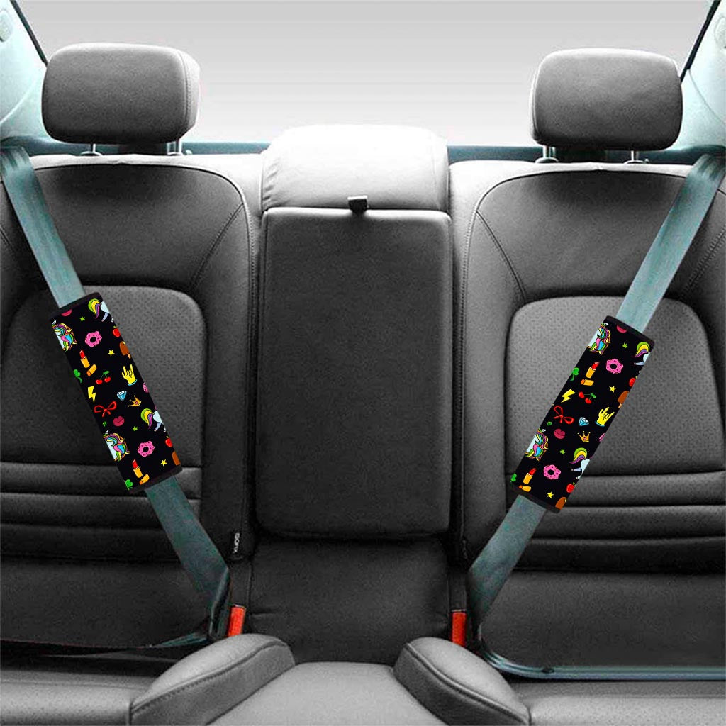 Black Girly Unicorn Pattern Print Car Seat Belt Covers