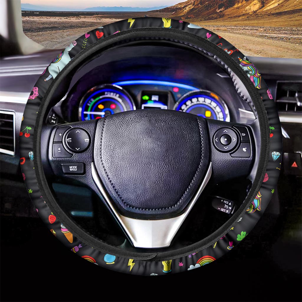 Black Girly Unicorn Pattern Print Car Steering Wheel Cover