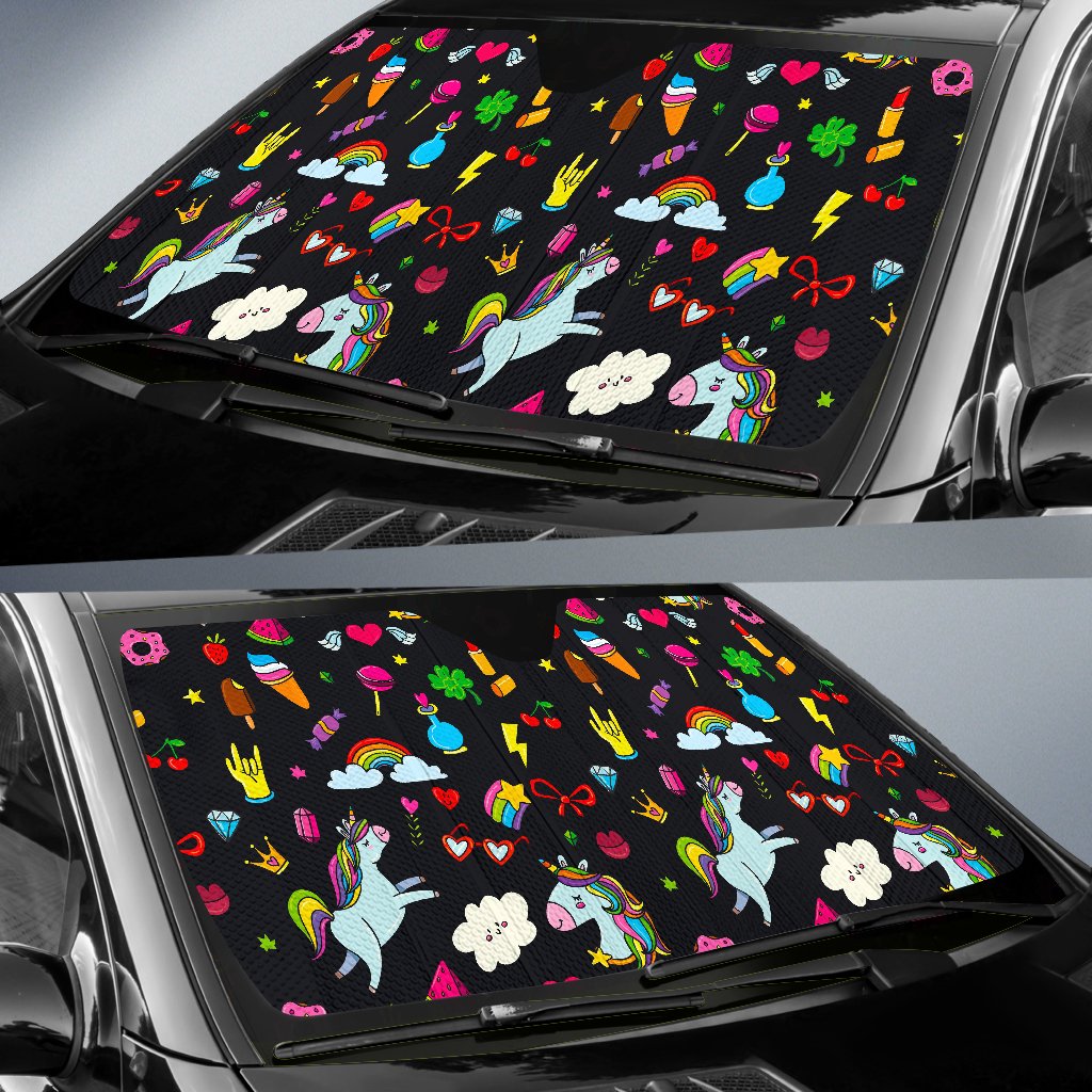 Black Girly Unicorn Pattern Print Car Sun Shade GearFrost
