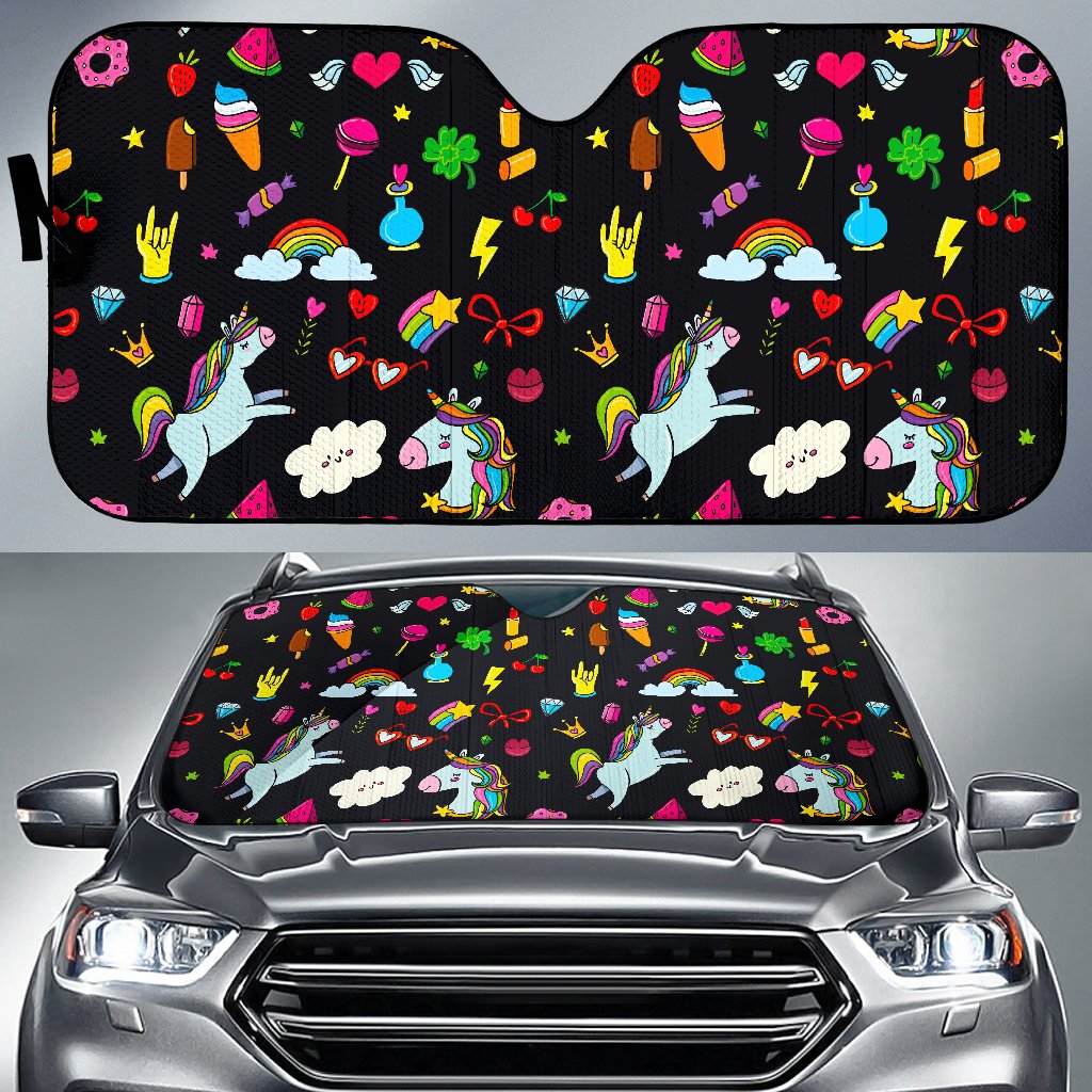 Black Girly Unicorn Pattern Print Car Sun Shade GearFrost