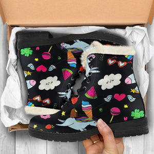 Black Girly Unicorn Pattern Print Comfy Boots GearFrost