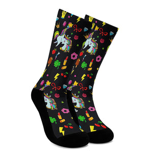 Black Girly Unicorn Pattern Print Crew Socks