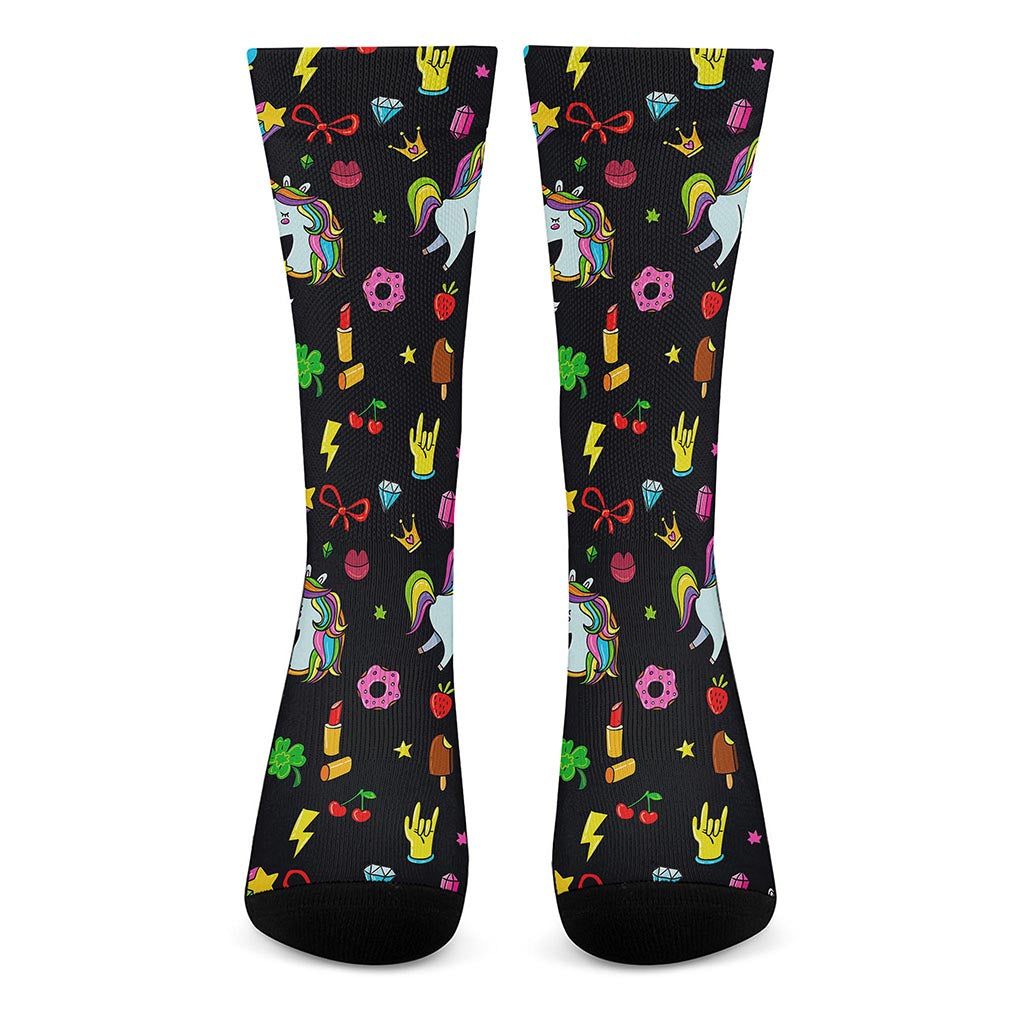 Black Girly Unicorn Pattern Print Crew Socks