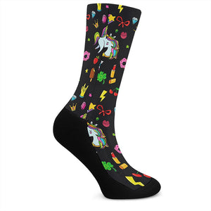 Black Girly Unicorn Pattern Print Crew Socks