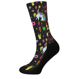 Black Girly Unicorn Pattern Print Crew Socks