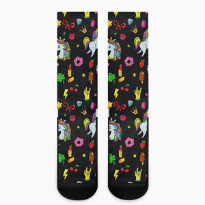 Black Girly Unicorn Pattern Print Crew Socks