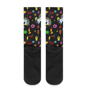 Black Girly Unicorn Pattern Print Crew Socks