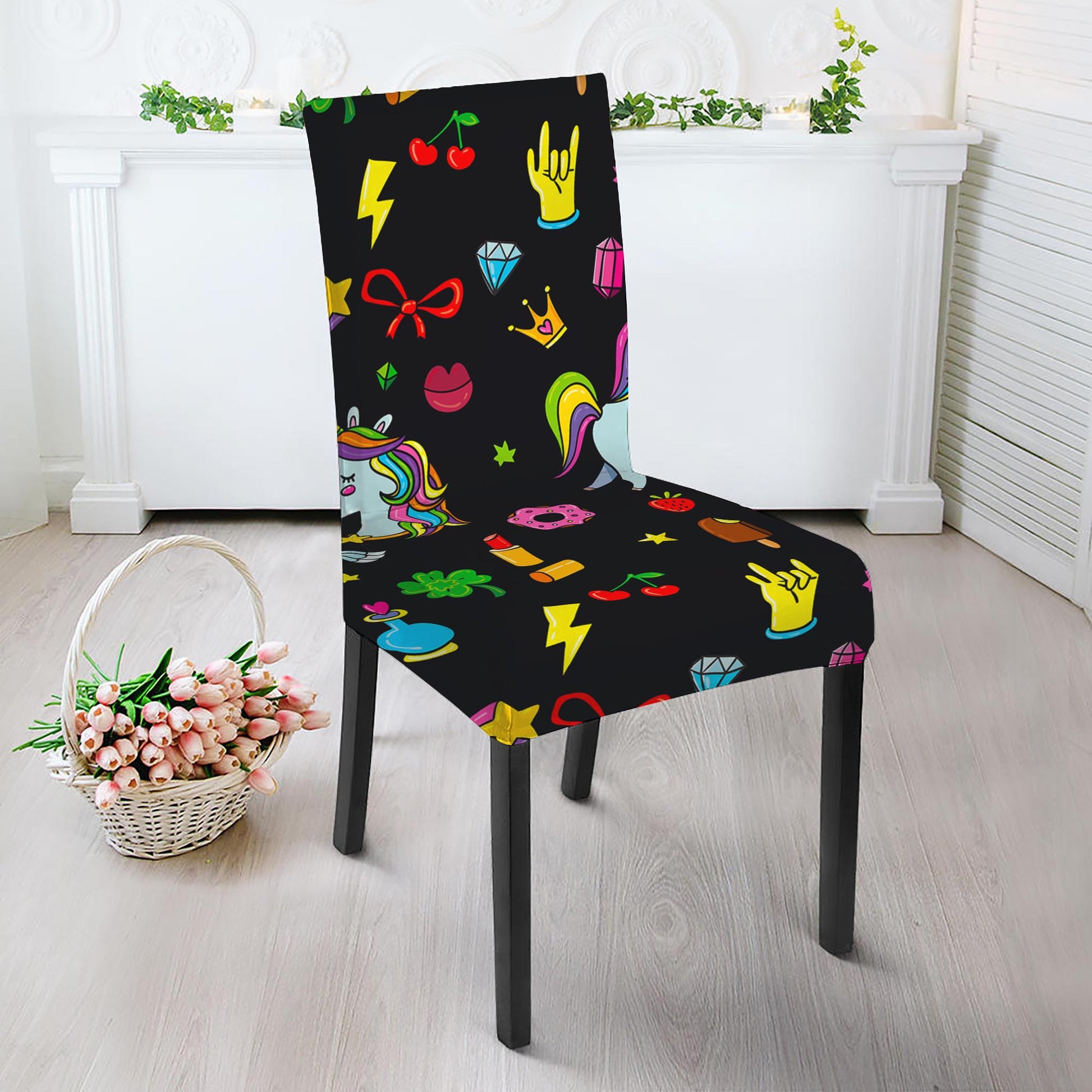 Black Girly Unicorn Pattern Print Dining Chair Slipcover