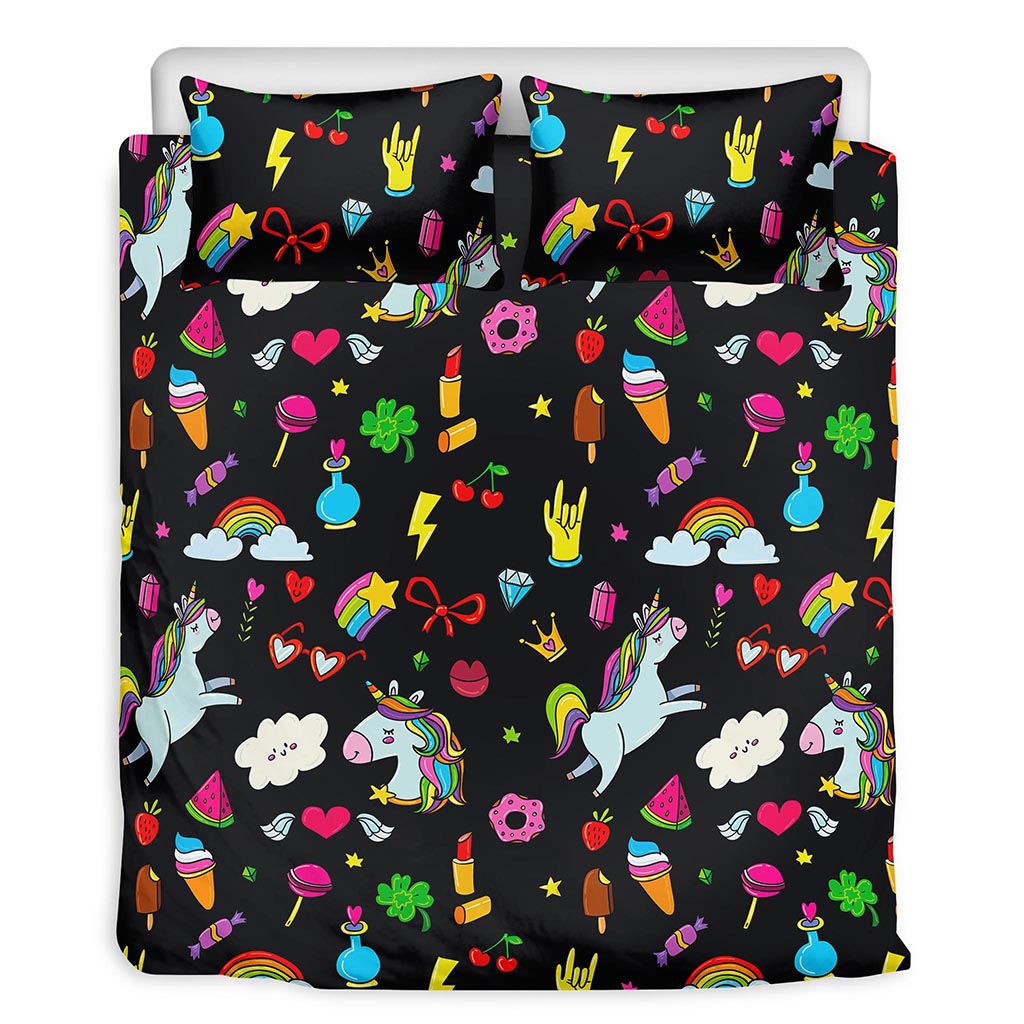 Black Girly Unicorn Pattern Print Duvet Cover Bedding Set