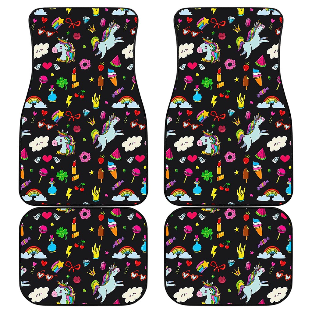 Black Girly Unicorn Pattern Print Front and Back Car Floor Mats