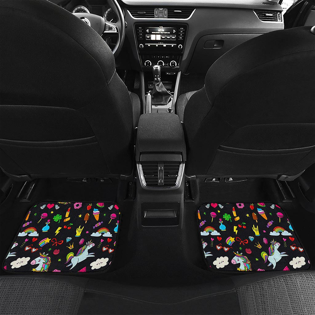 Black Girly Unicorn Pattern Print Front and Back Car Floor Mats