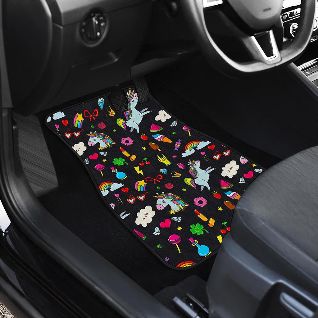 Black Girly Unicorn Pattern Print Front and Back Car Floor Mats