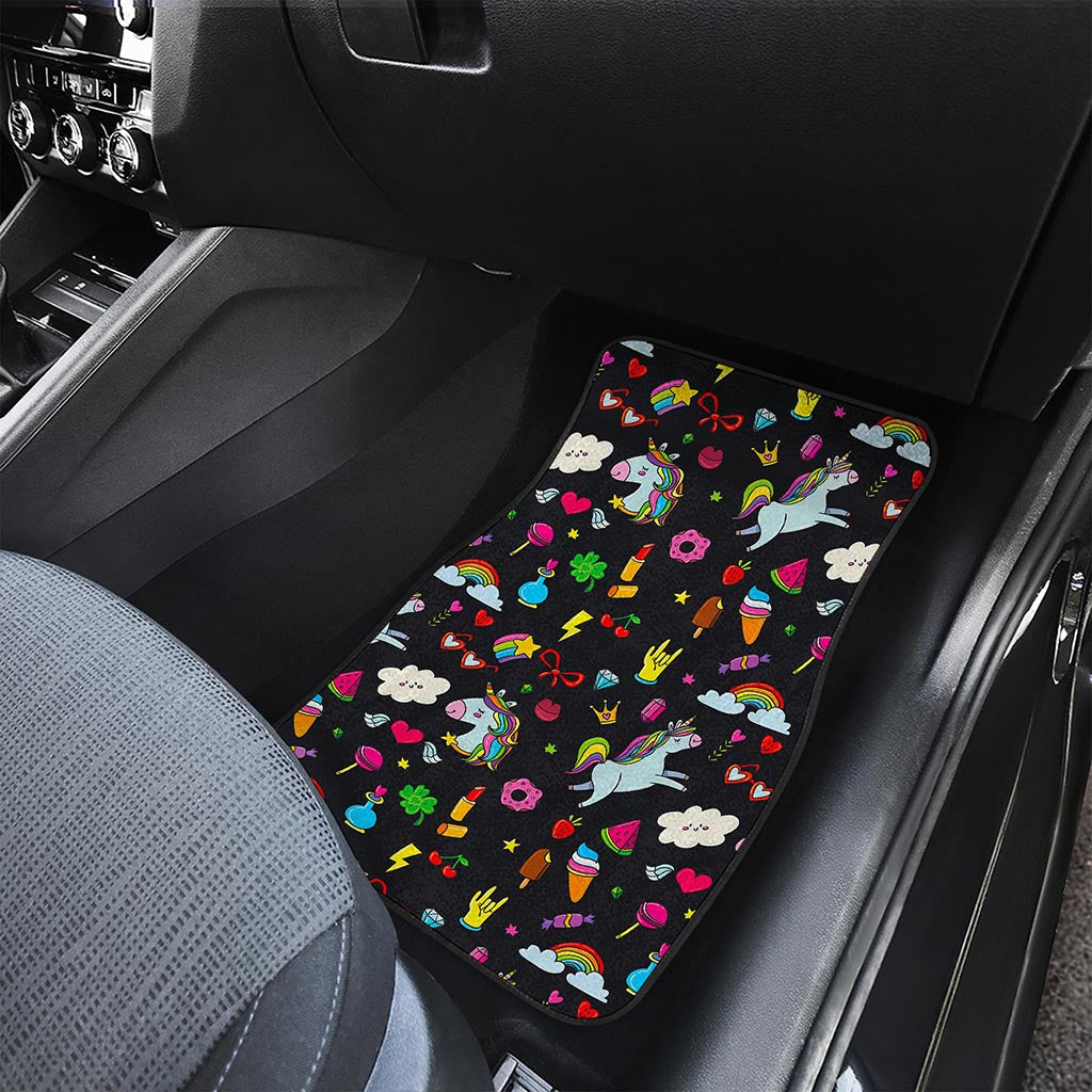 Black Girly Unicorn Pattern Print Front and Back Car Floor Mats