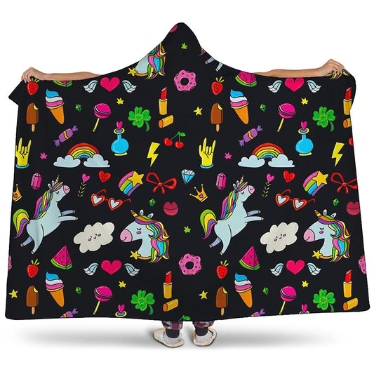 Black Girly Unicorn Pattern Print Hooded Blanket