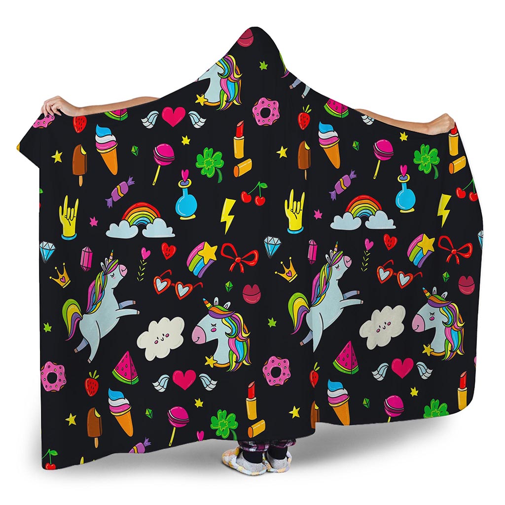 Black Girly Unicorn Pattern Print Hooded Blanket