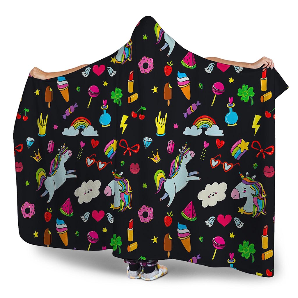 Black Girly Unicorn Pattern Print Hooded Blanket