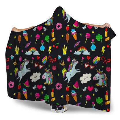 Black Girly Unicorn Pattern Print Hooded Blanket