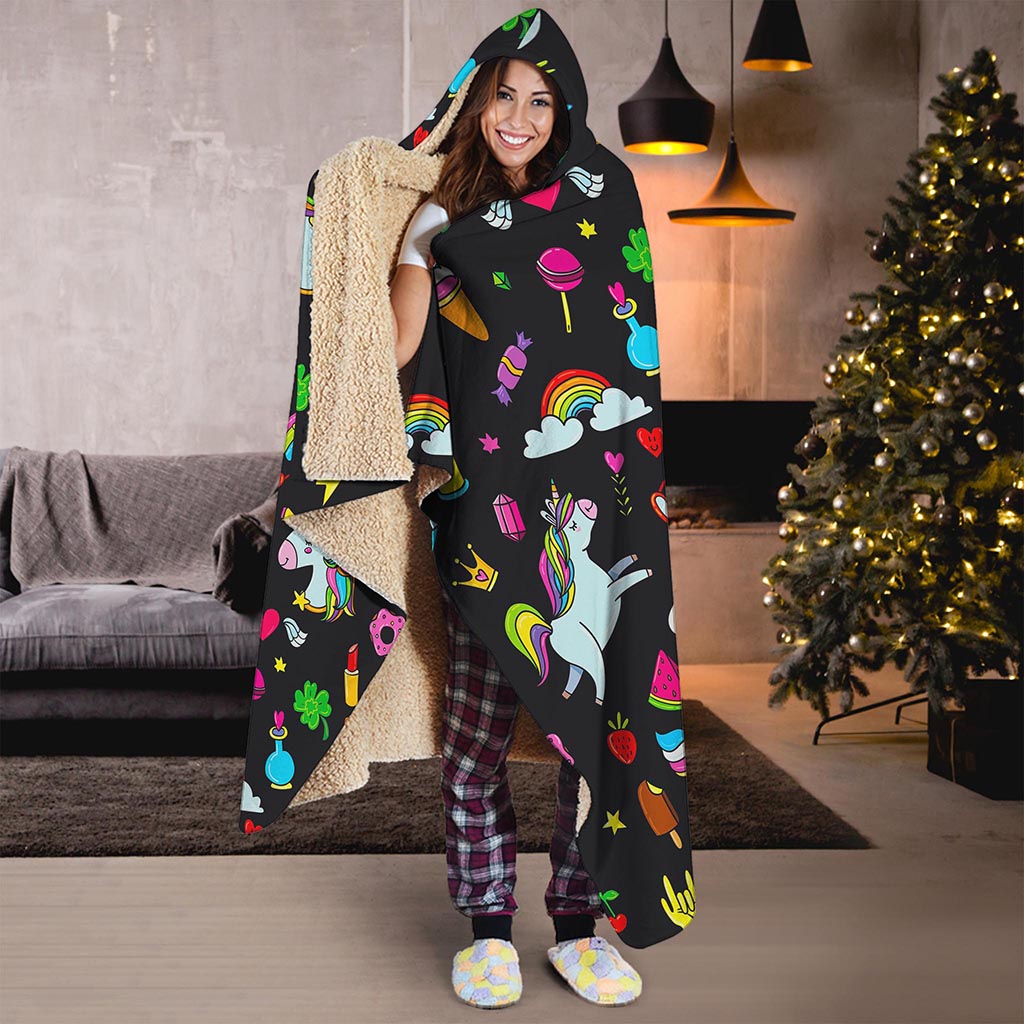 Black Girly Unicorn Pattern Print Hooded Blanket