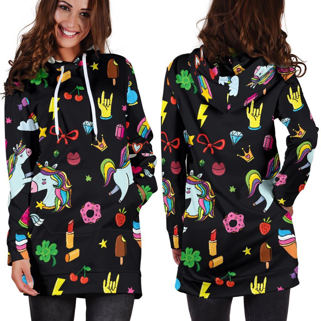 Black Girly Unicorn Pattern Print Hoodie Dress GearFrost