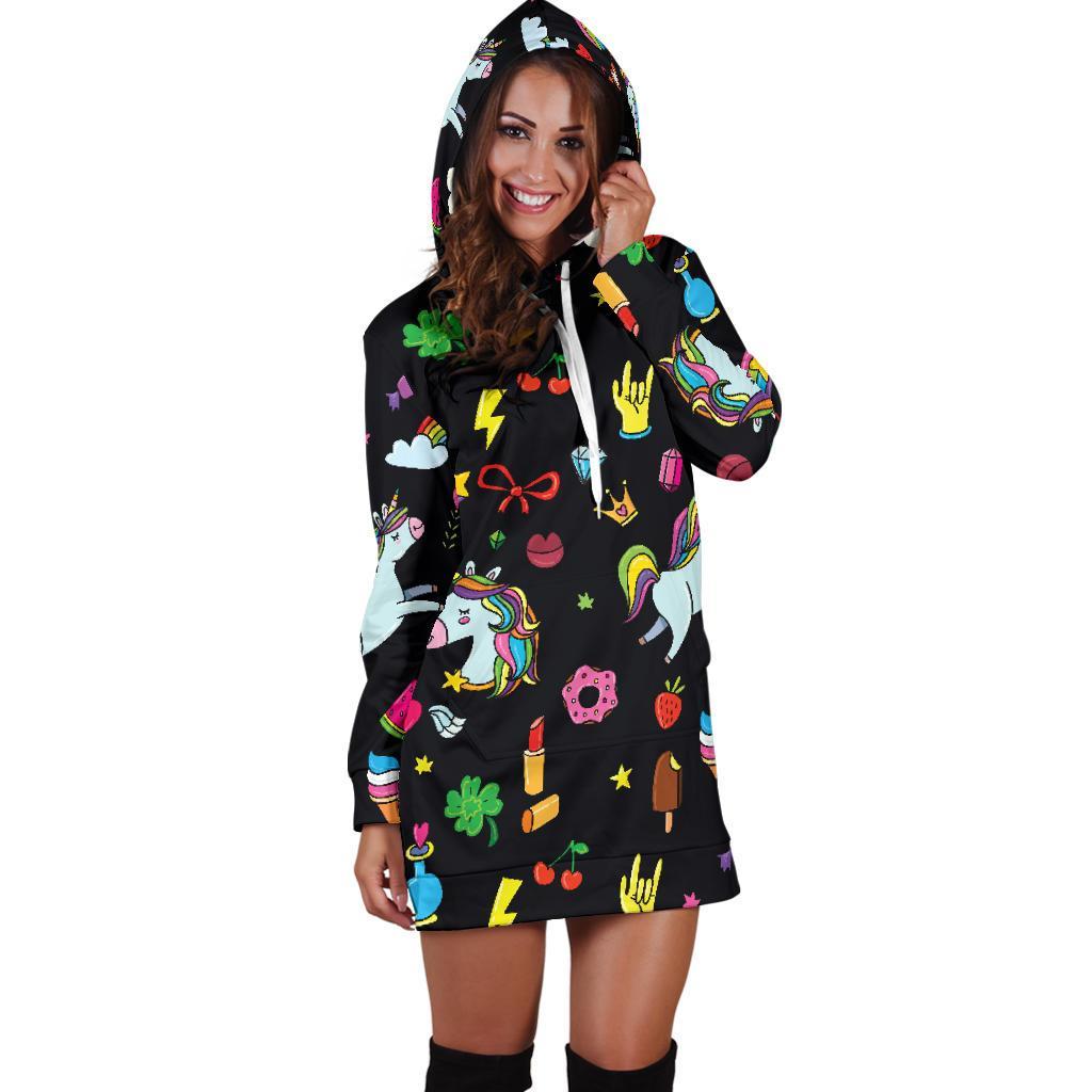 Black Girly Unicorn Pattern Print Hoodie Dress GearFrost