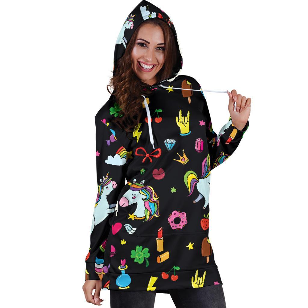 Black Girly Unicorn Pattern Print Hoodie Dress GearFrost