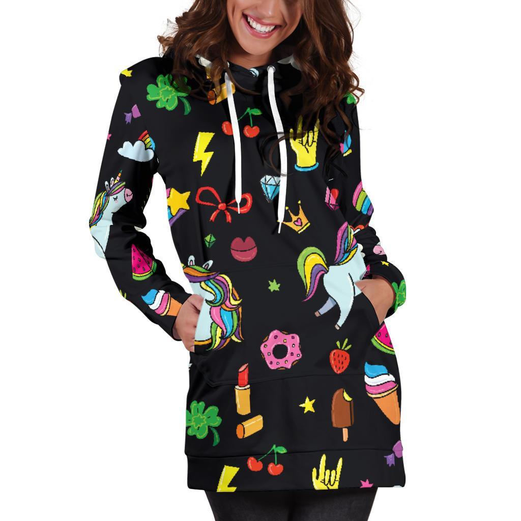 Black Girly Unicorn Pattern Print Hoodie Dress GearFrost