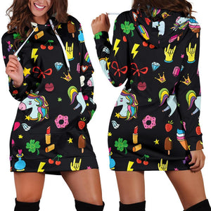 Black Girly Unicorn Pattern Print Hoodie Dress GearFrost