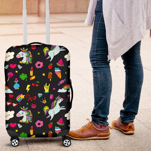 Black Girly Unicorn Pattern Print Luggage Cover GearFrost