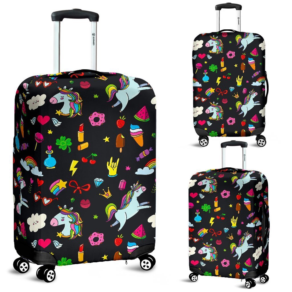 Black Girly Unicorn Pattern Print Luggage Cover GearFrost