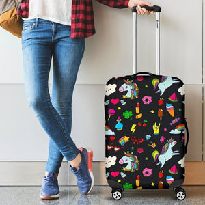 Black Girly Unicorn Pattern Print Luggage Cover GearFrost